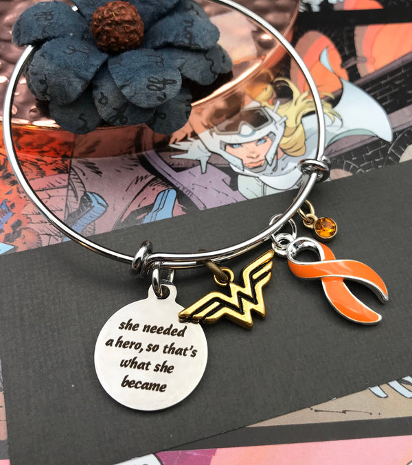 Orange Ribbon Charm Bracelet - She Needed a Hero, So That's What She Became - Rock Your Cause Jewelry