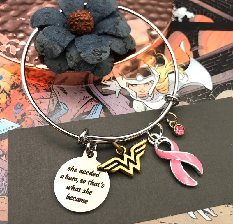 Pink Ribbon Charm Bracelet - She Needed a Hero, So That's What She Became - Rock Your Cause Jewelry