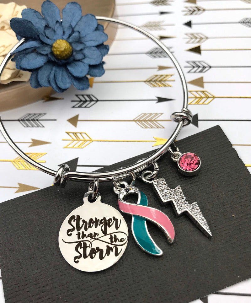Pink & Teal (Previvor) Ribbon Charm Bracelet - Stronger than the Storm - Rock Your Cause Jewelry