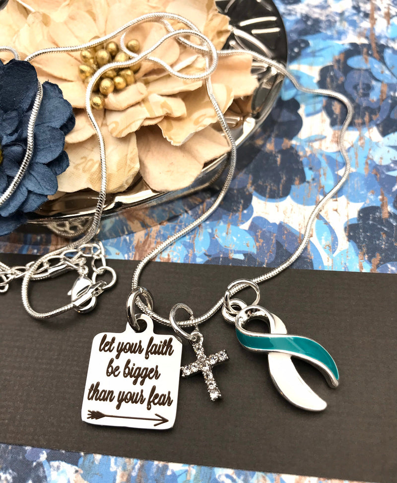 Teal & White Ribbon - Let Your Faith be Bigger Than Your Fear Necklace - Rock Your Cause Jewelry