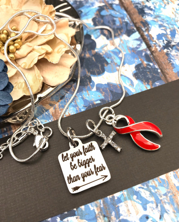 Red Ribbon Charm Necklace - Let Your Faith be Bigger Than Your Fear - Rock Your Cause Jewelry