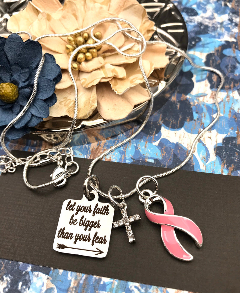 Pink Ribbon Necklace - Let Your Faith be Bigger Than Your Fear - Rock Your Cause Jewelry