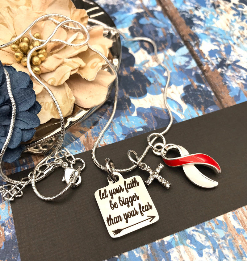 Red and White Ribbon - Let Your Faith be Bigger Than Your Fear - Rock Your Cause Jewelry