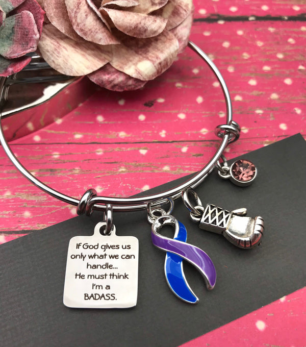 Blue & Purple Ribbon Bracelet - If God Gives Us Only What We Can Handle, He Must Think I'm A Badass - Rock Your Cause Jewelry