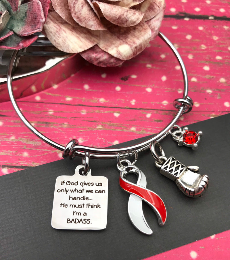 Red & White Ribbon Charm Bracelet - If God gives Us Only What We Can Handle ... He Must Think I'm a Badass - Rock Your Cause Jewelry