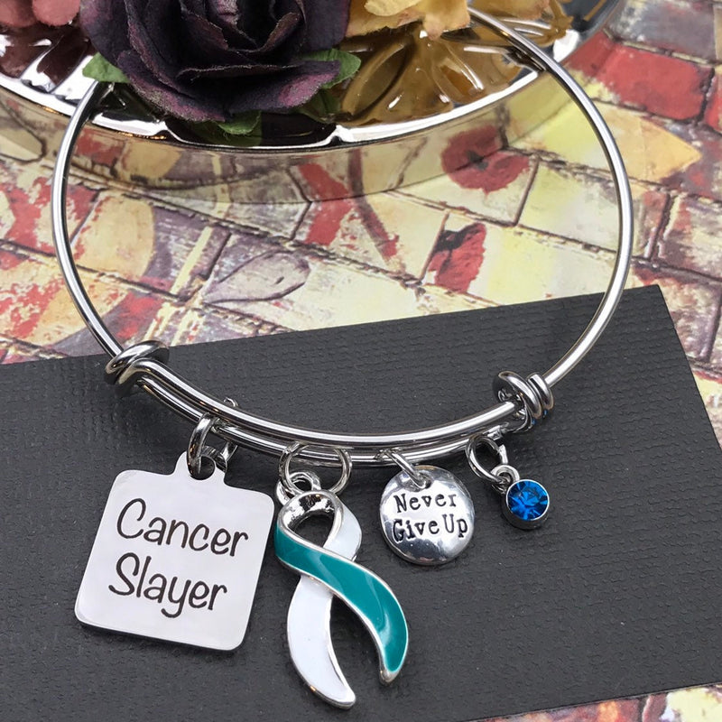 Teal & White Ribbon Cancer Slayer Charm Bracelet - Cervical Cancer Survivor - Rock Your Cause Jewelry