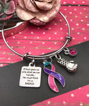 Pink Purple Teal (Thyroid) Ribbon Charm Bracelet - If God Gives Us Only What We Can Handle, He Must Think I'm A BADASS - Rock Your Cause Jewelry