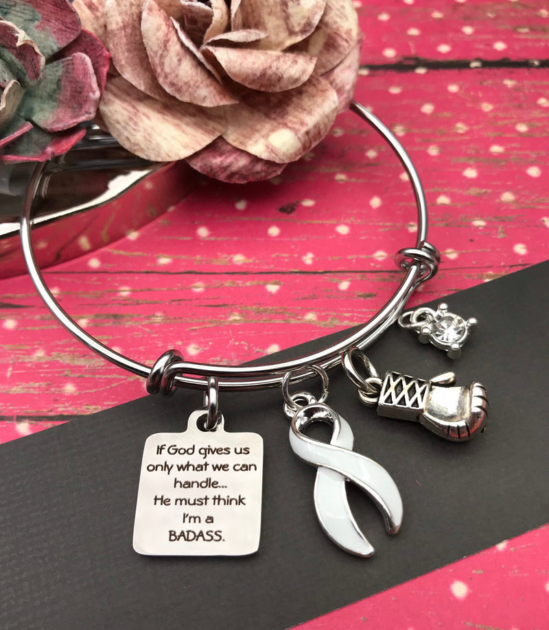 White Ribbon Charm Bracelet - If God gives us only what we can handle... He must think Im a Badass - Survivor Awareness Gift - Rock Your Cause Jewelry