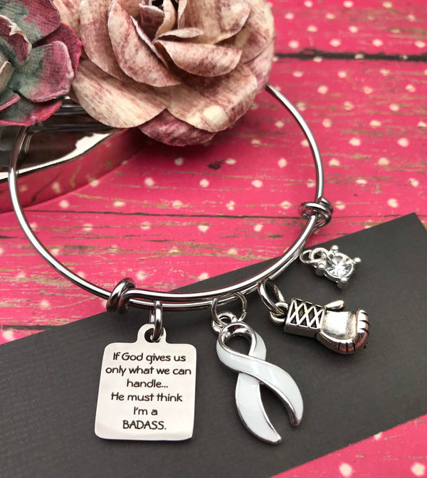 White Ribbon Charm Bracelet - If God gives us only what we can handle... He must think Im a Badass - Survivor Awareness Gift - Rock Your Cause Jewelry