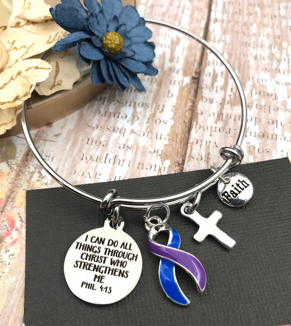 Blue & Purple Ribbon Bracelet - Phil 4:13 I Can Do All Things Through Christ - Rock Your Cause Jewelry