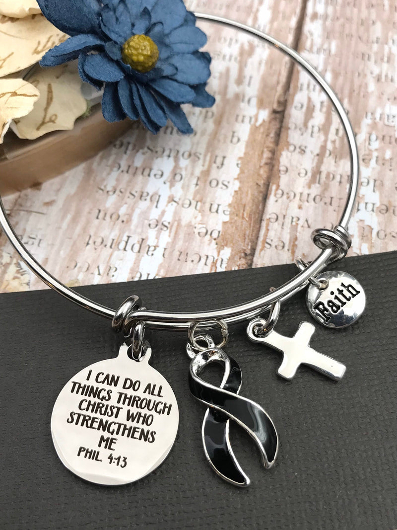 Black Ribbon Charm Bracelet -  Phil 4:13 I Can Do All Things Through Christ Who Strengthens Me - Rock Your Cause Jewelry