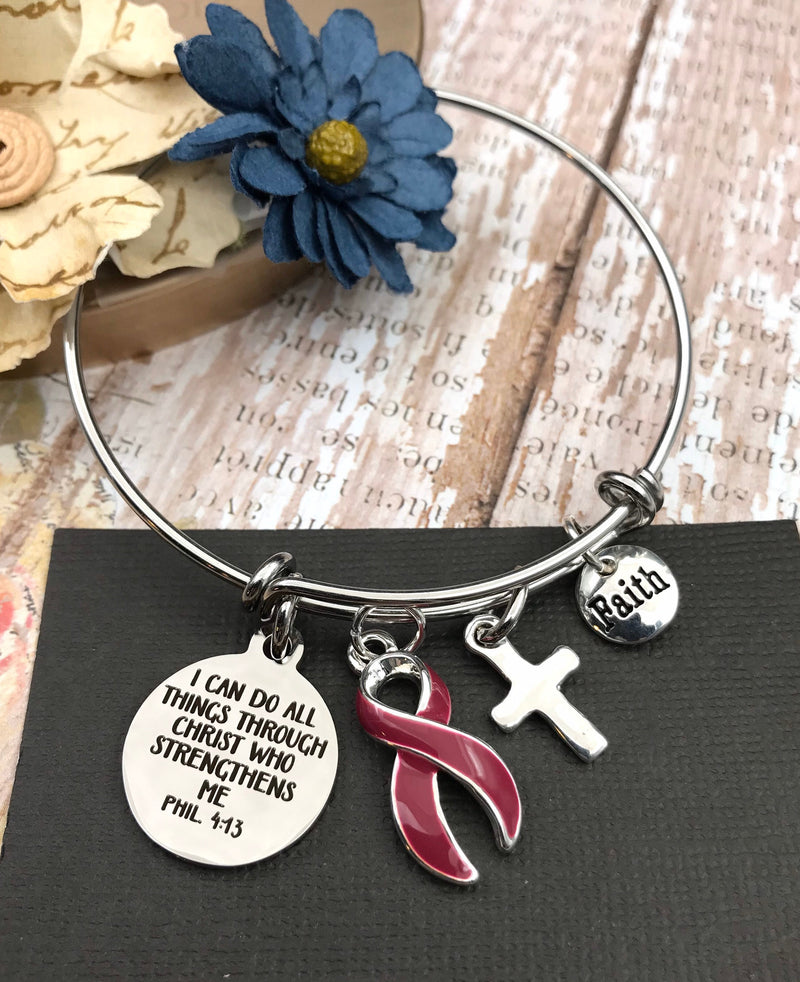Burgundy Ribbon Charm Bracelet - Phil 4 13 I Can Do All Things Through Christ Who Strengthens Me - Rock Your Cause Jewelry