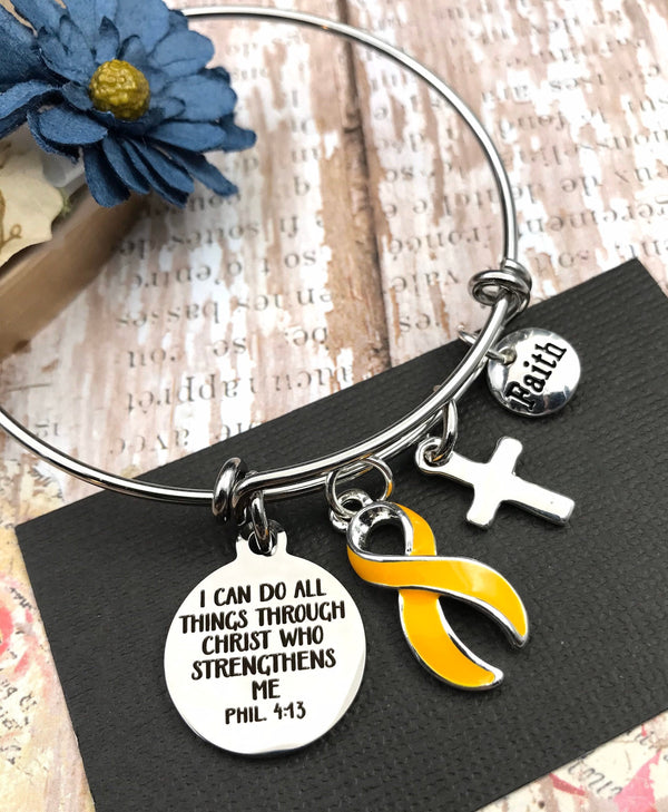 Gold Ribbon Charm Bracelet - I Can Do All Things Through Christ Who Strengthens Me - Rock Your Cause Jewelry