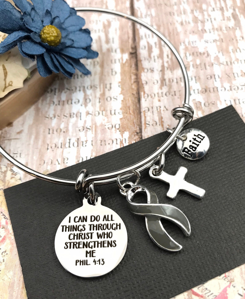 Grey (Gray) Ribbon Charm Bracelet - Phil 4:13 I Can Do All Things Through Christ - Rock Your Cause Jewelry