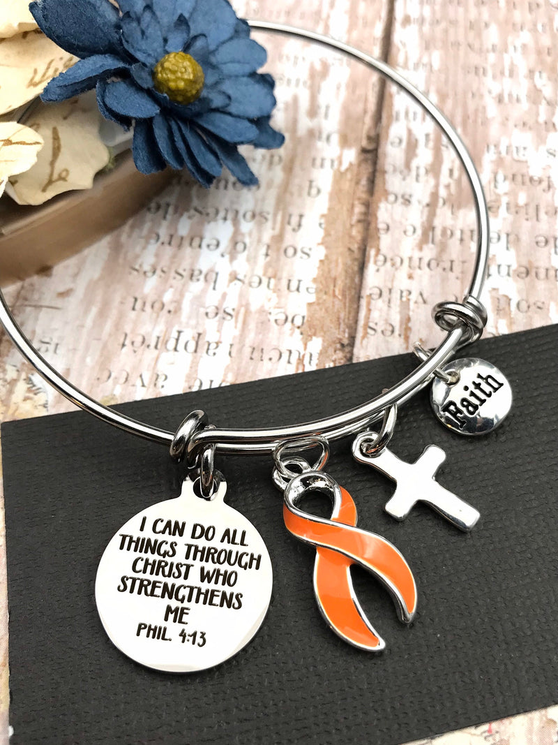 Orange Ribbon Charm Bracelet / Phil 4 13 I Can Do All Things Through Christ  / Awareness Gift - Rock Your Cause Jewelry