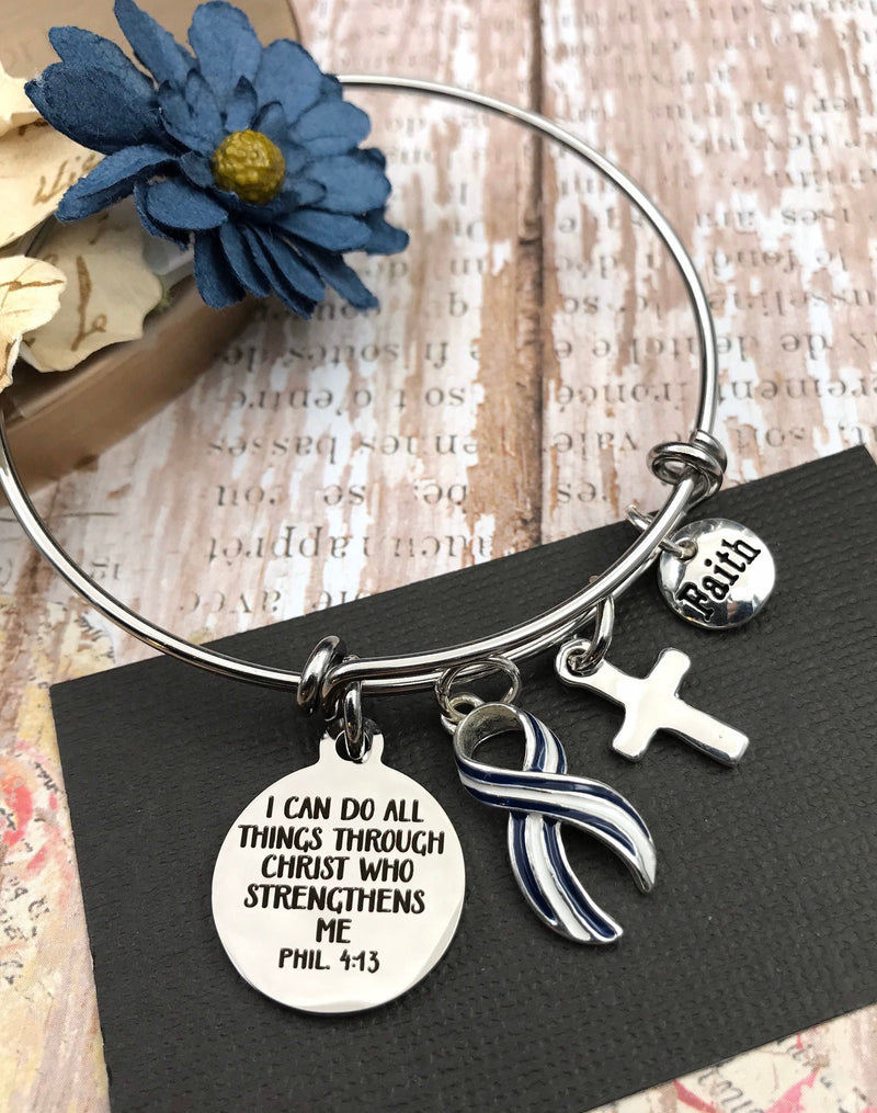 ALS / Blue & White Striped Ribbon - Phil 4:13 I Can Do All Things Through Christ Bracelet - Rock Your Cause Jewelry