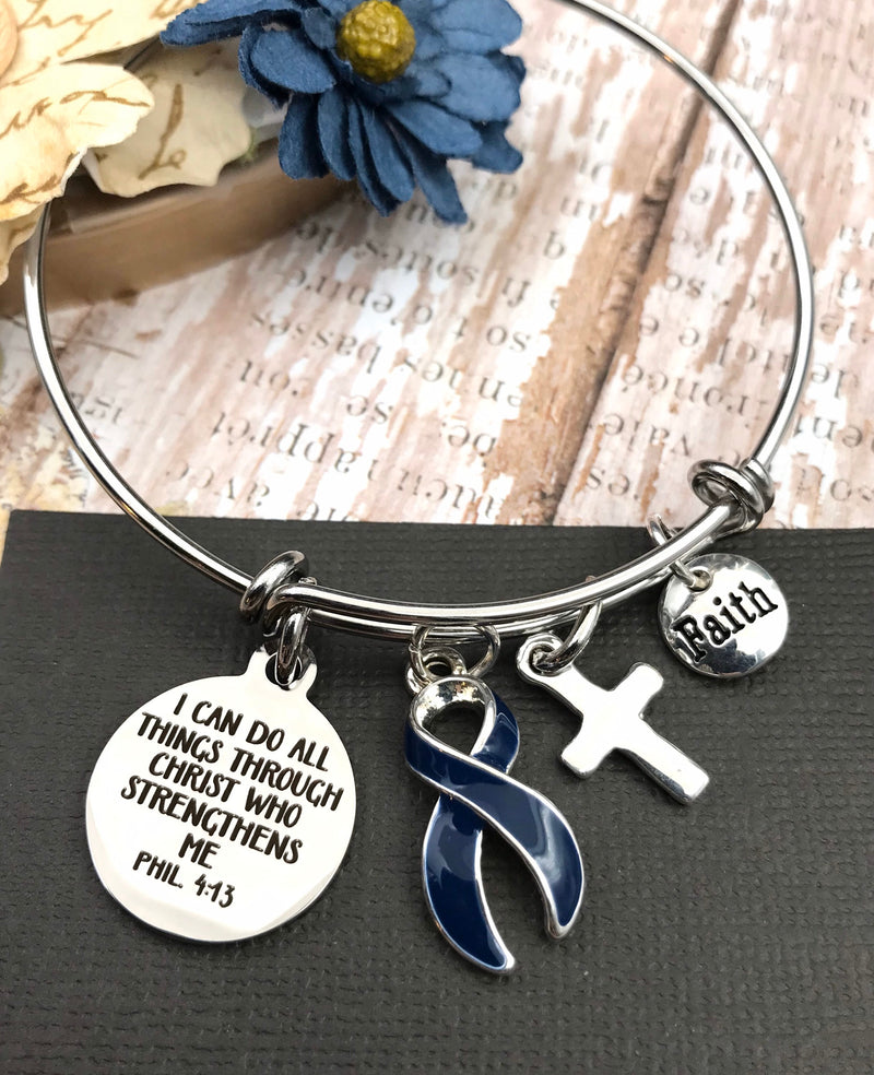 Dark Navy Blue Ribbon Charm Bracelet - Phil 4:13 I Can Do All Things Through Christ - Rock Your Cause Jewelry