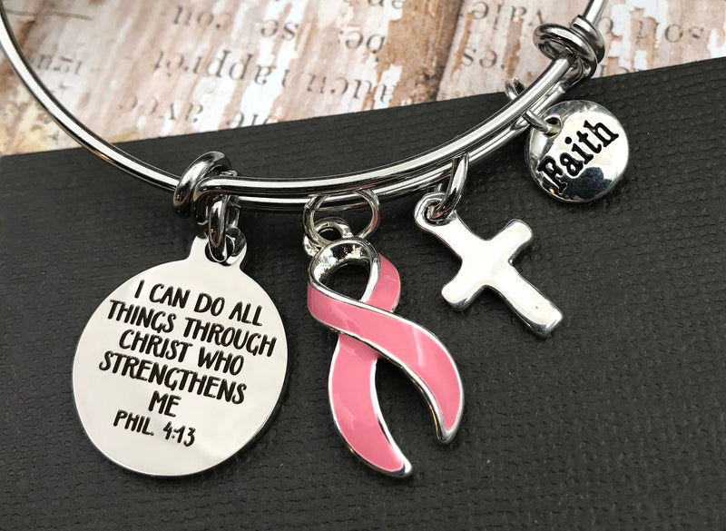 Pink Ribbon Charm Bracelet - Phil 4:13 I Can Do All Things Through Christ - Rock Your Cause Jewelry