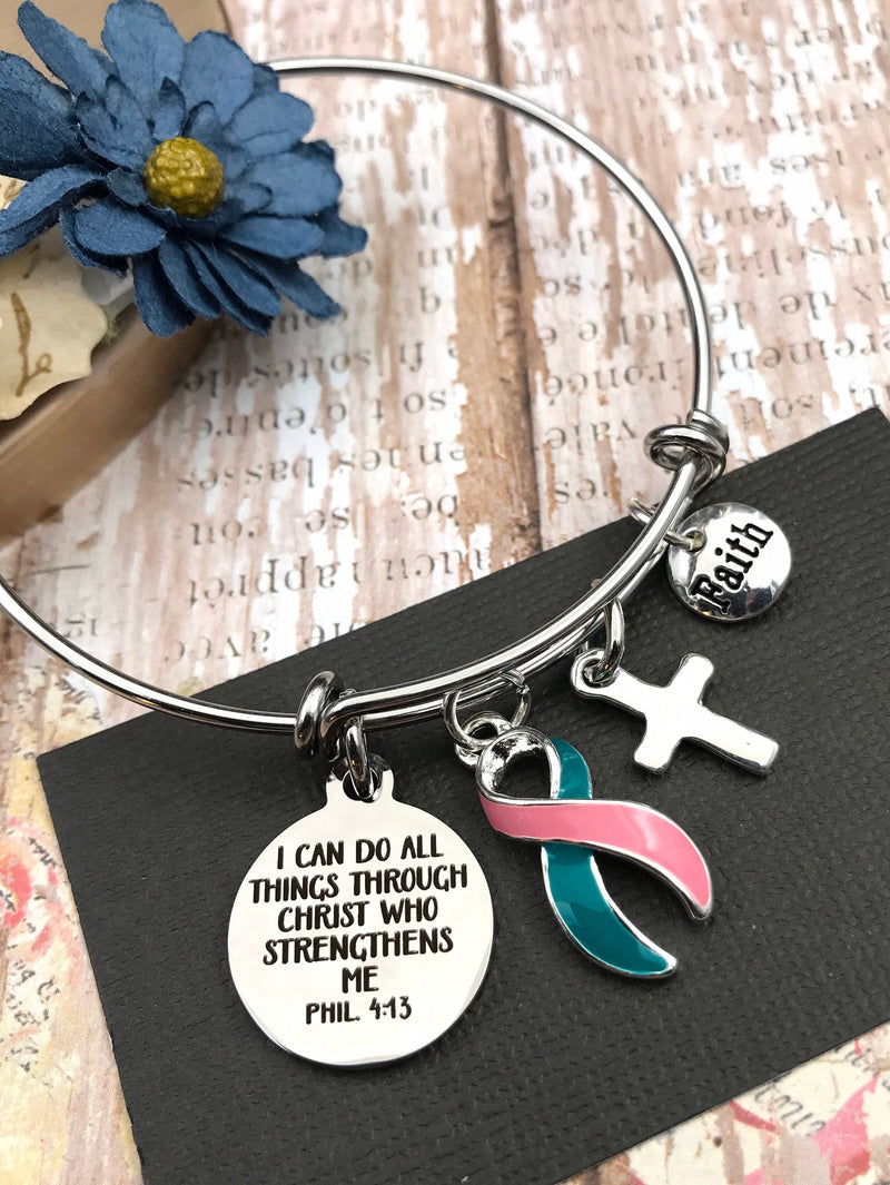 Pink & Teal (Previvor) Ribbon Bracelet - Phil 4:13, I Can Do All Things Through Christ - Rock Your Cause Jewelry