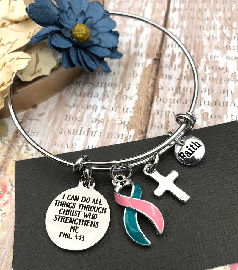 Pink & Teal (Previvor) Ribbon Bracelet - Phil 4:13, I Can Do All Things Through Christ - Rock Your Cause Jewelry