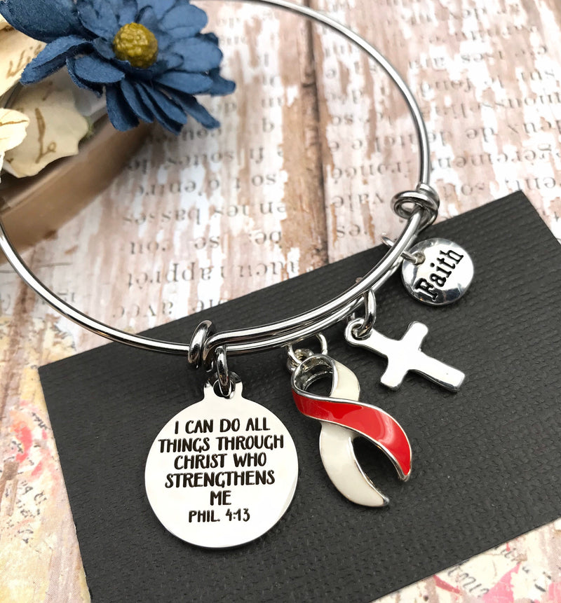 Red & White Ribbon Bracelet - I Can Do All Things through Christ - Rock Your Cause Jewelry