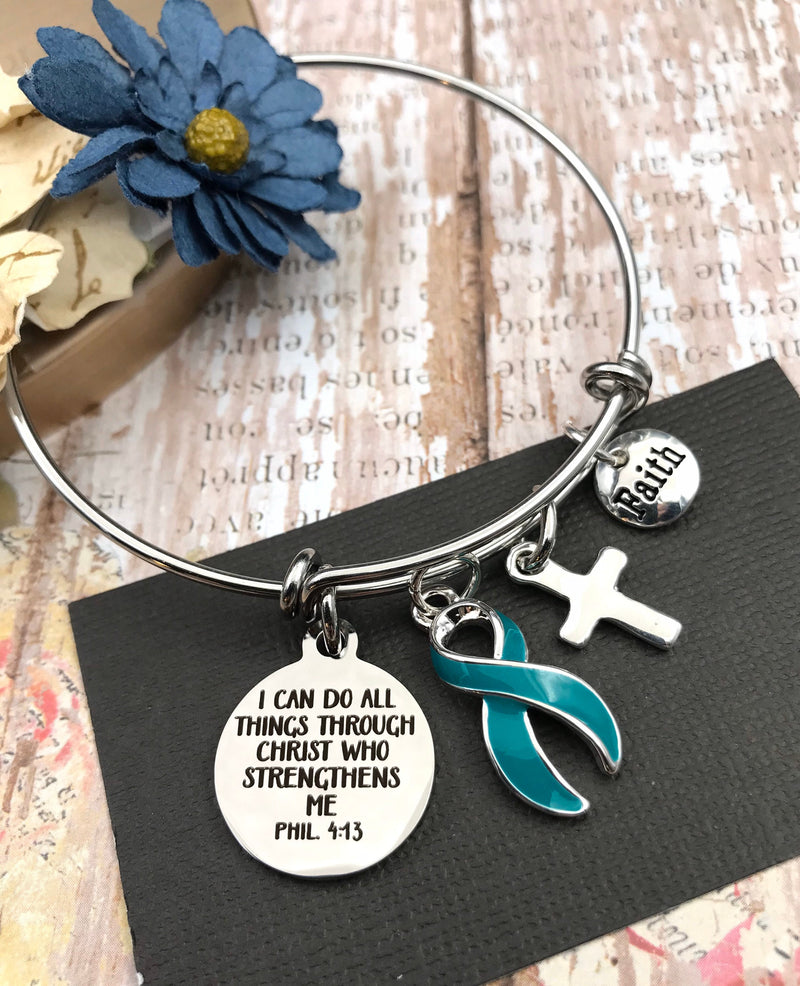 Teal Ribbon Charm Bracelet - Phil 4:13 I Can Do All Things Through Christ - Rock Your Cause Jewelry