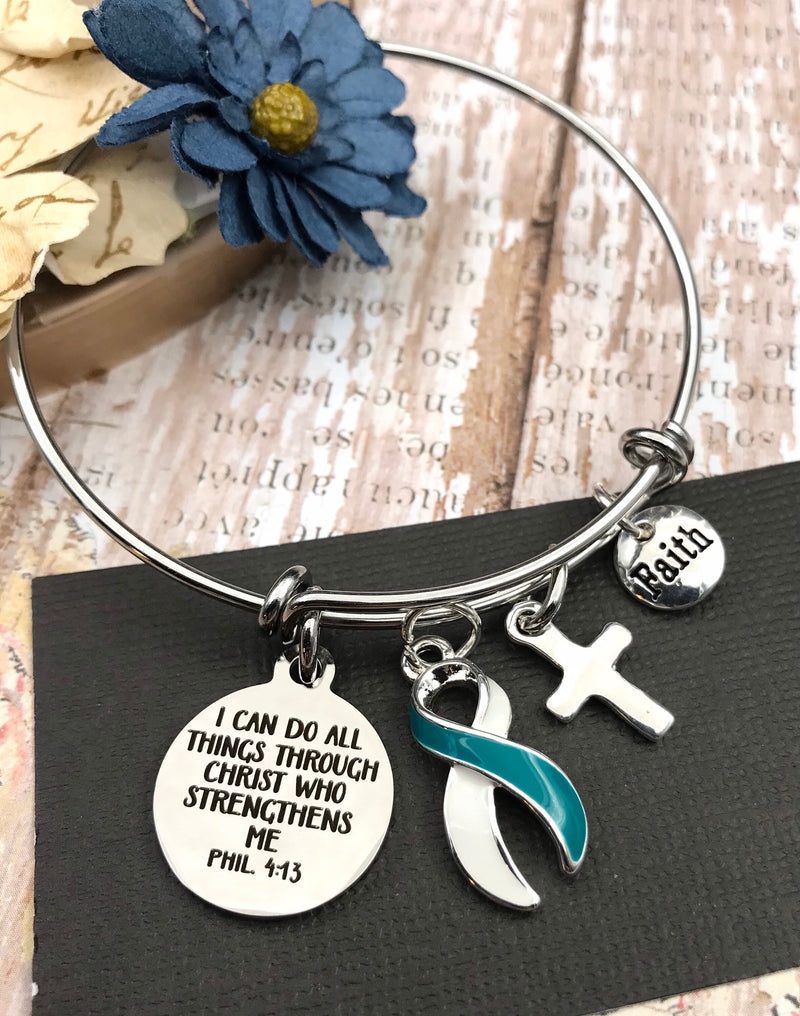 Teal & White Ribbon Bracelet - I Can Do All Things Through Christ Who Strengthens Me - Rock Your Cause Jewelry