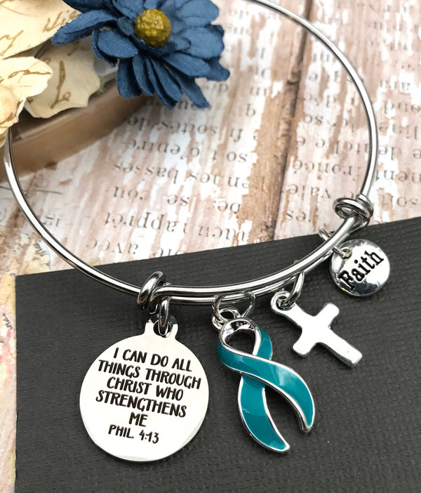 Teal Ribbon Charm Bracelet - Phil 4:13 I Can Do All Things Through Christ - Rock Your Cause Jewelry