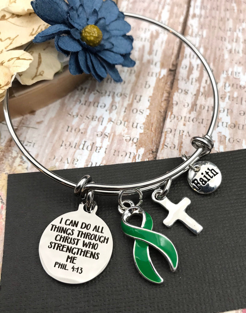 Green Ribbon Charm Bracelet - Phil 4:13 I Can Do All Things Through Christ / Awareness Gift - Rock Your Cause Jewelry