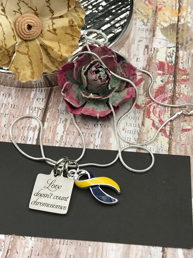 Blue & Yellow Ribbon - Love Doesn't Count Chromosomes / Down's Syndrome - Rock Your Cause Jewelry