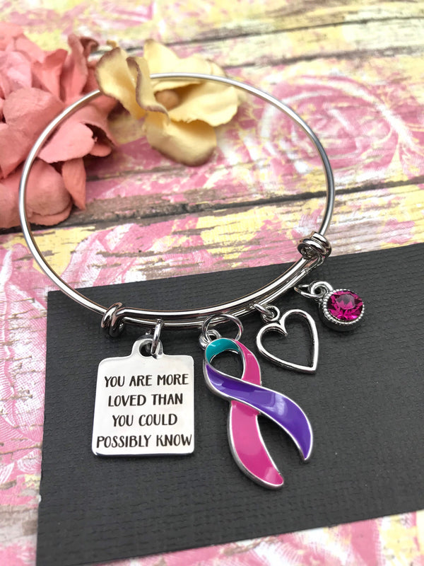 Pink Purple Teal (Thyroid) Ribbon Bracelet - You are More Loved Than You Could Possibly Know Charm Bracelet - Rock Your Cause Jewelry