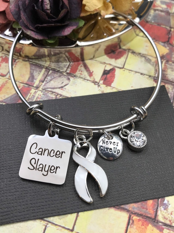 White Ribbon Cancer Slayer Charm Bracelet - Lung Cancer Survivor - Rock Your Cause Jewelry