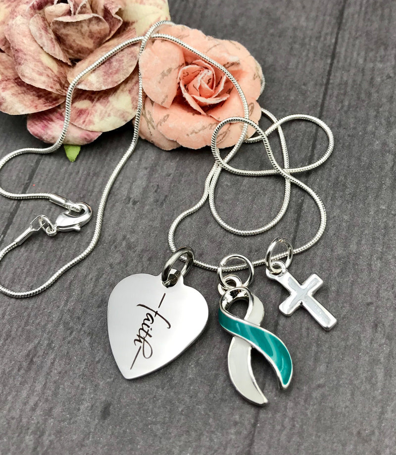 Teal & White Ribbon Faith Necklace - Cervical Cancer Awareness - Rock Your Cause Jewelry