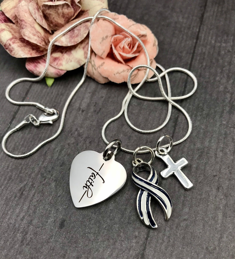 ALS / Blue & White Striped Ribbon Faith Necklace - Rock Your Cause Jewelry