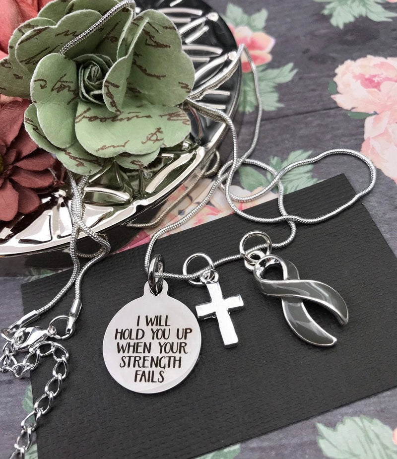 Gray (Grey) Ribbon Necklace - I Will Hold You Up When Your Strength Fails - Rock Your Cause Jewelry