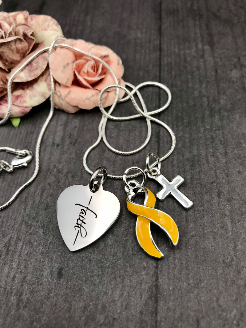Gold Ribbon Faith Necklace / Encouragement Gift - Rock Your Cause Jewelry