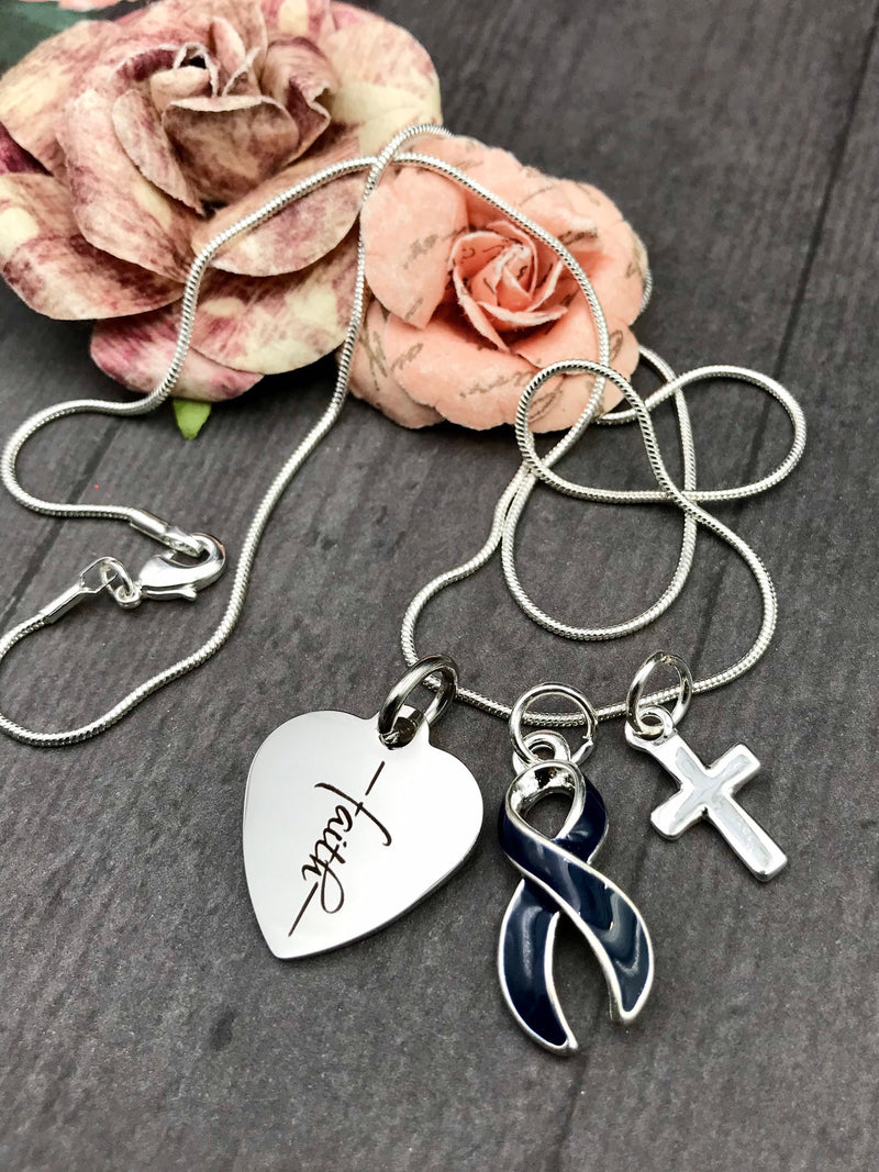 Dark Navy Blue Ribbon Faith Necklace - Rock Your Cause Jewelry