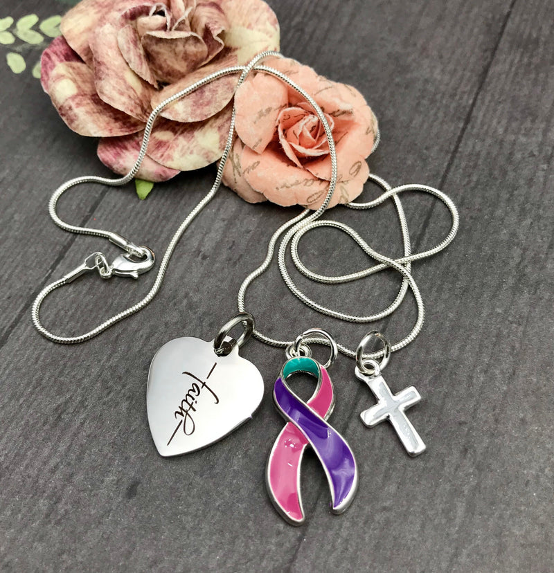 Pink Purple Teal (Thyroid) Ribbon Necklace - Faith - Rock Your Cause Jewelry