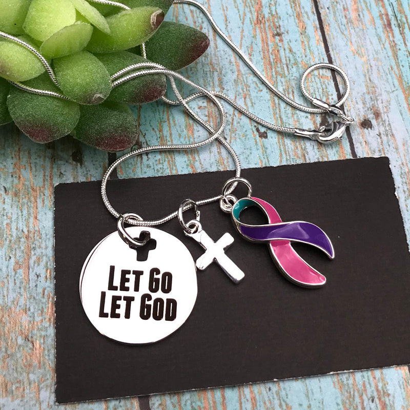 Pink Purple Teal (Thyroid) Cancer Ribbon - Let Go, Let God Necklace - Rock Your Cause Jewelry