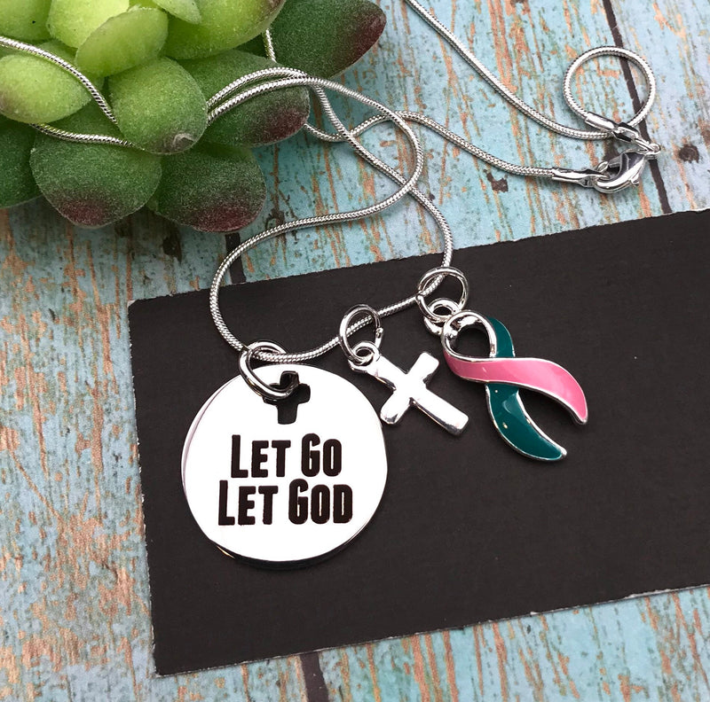 Pink & Teal (Previvor) Ribbon Necklace - Let Go, Let God - Rock Your Cause Jewelry