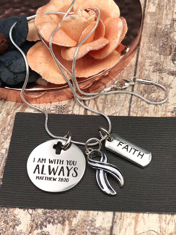 ALS / Blue & White Striped Ribbon Necklace - I Am With You Always - Matthew 28:20 - Rock Your Cause Jewelry