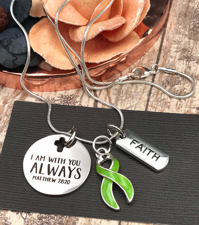 Lime Green Ribbon Necklace - I Am With You Always - Matthew 28:20 - Rock Your Cause Jewelry