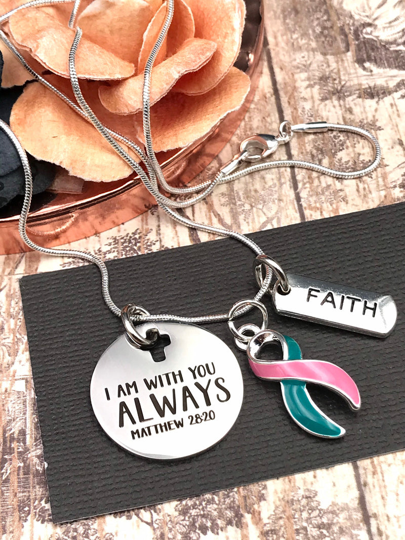Pink & Teal (Previvor) Ribbon Necklace - I Am With You Always - Matthew 28:20 - Rock Your Cause Jewelry