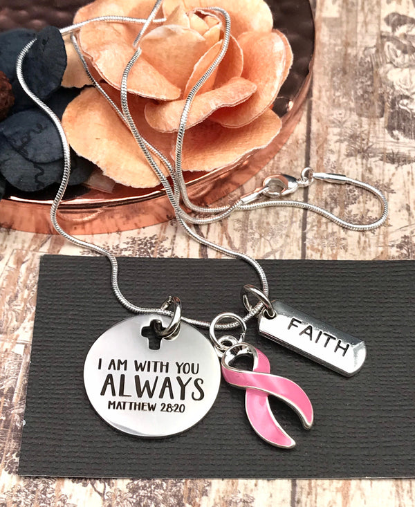 Pink Ribbon Necklace / I Am With You Always - Matthew 28:20 - Rock Your Cause Jewelry