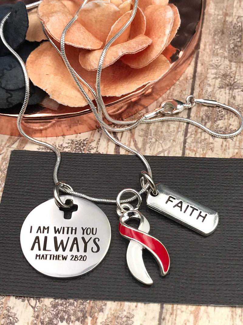 Red and White Ribbon Necklace - I Am With You Always - Matthew 28:20 - Rock Your Cause Jewelry