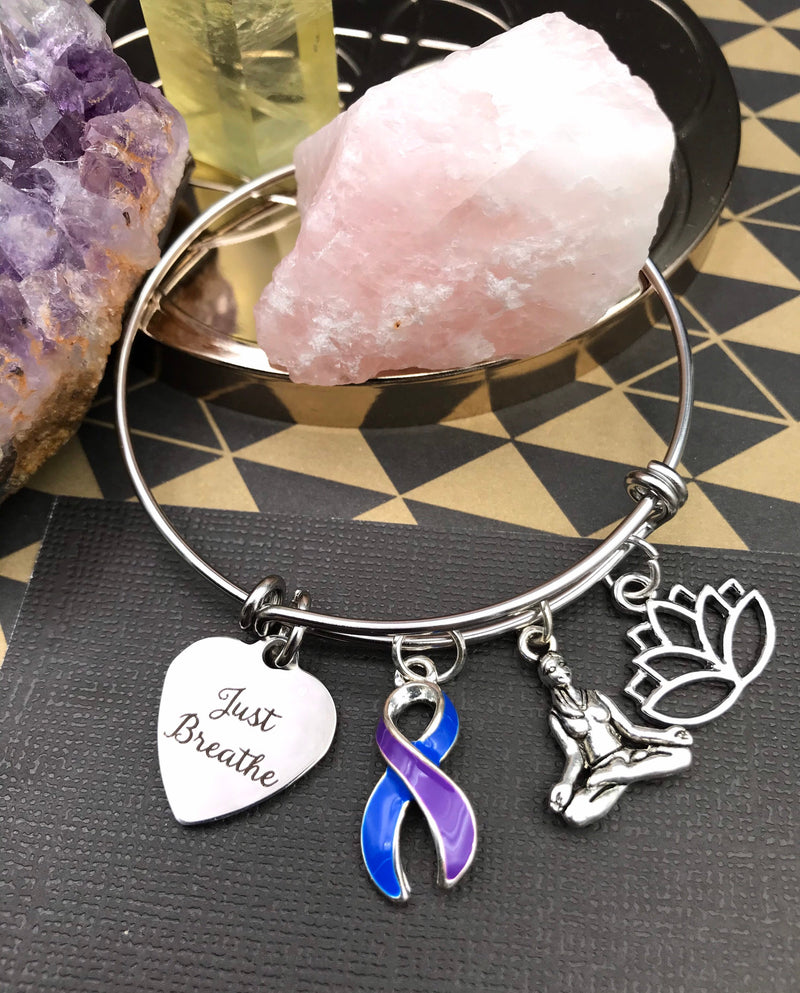 Blue & Purple Ribbon - Just Breathe / Lotus / Meditation Charm Bracelet - Rock Your Cause Jewelry