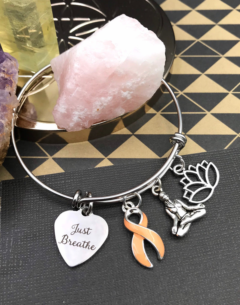 Peach Ribbon Charm Bracelet - Just Breathe - Meditation Bracelet - Rock Your Cause Jewelry