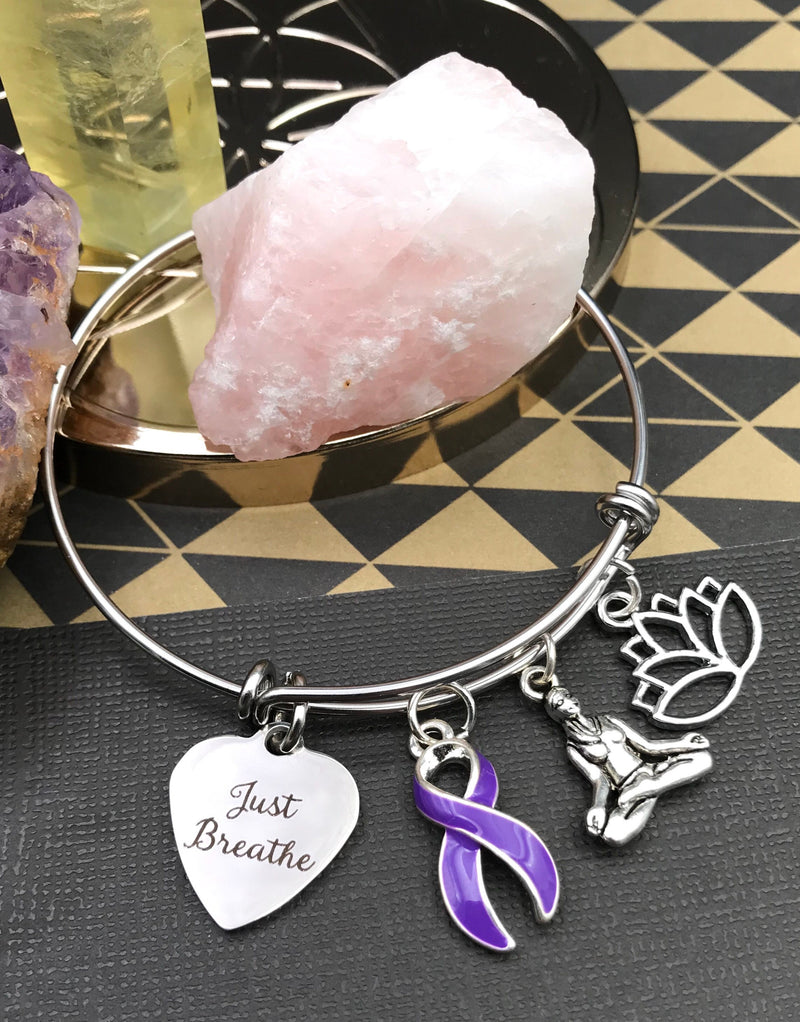 Purple Ribbon Charm Bracelet - Just Breathe / Meditation / Lotus Gift - Rock Your Cause Jewelry