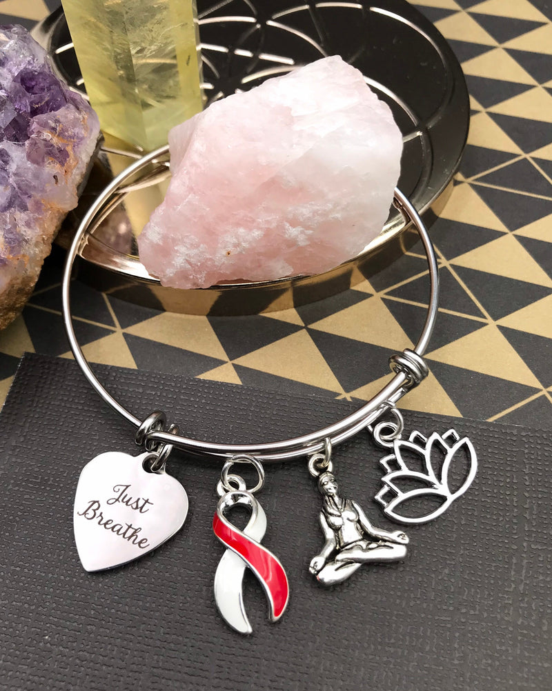 Red & White Ribbon Charm Bracelet - Just Breathe / Meditation, Yoga, Lotus Bracelet - Rock Your Cause Jewelry