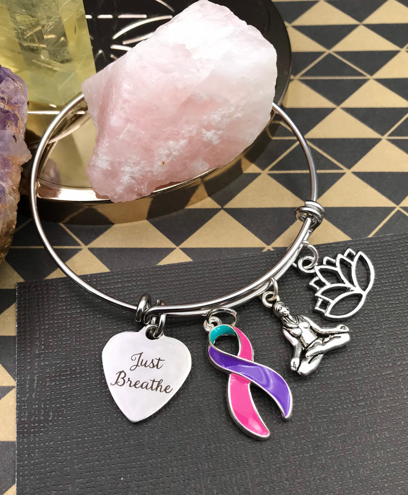 Pink Purple Teal (Thyroid) Ribbon Bracelet - Just Breathe / Yogi / Meditation Charm Bracelet - Rock Your Cause Jewelry